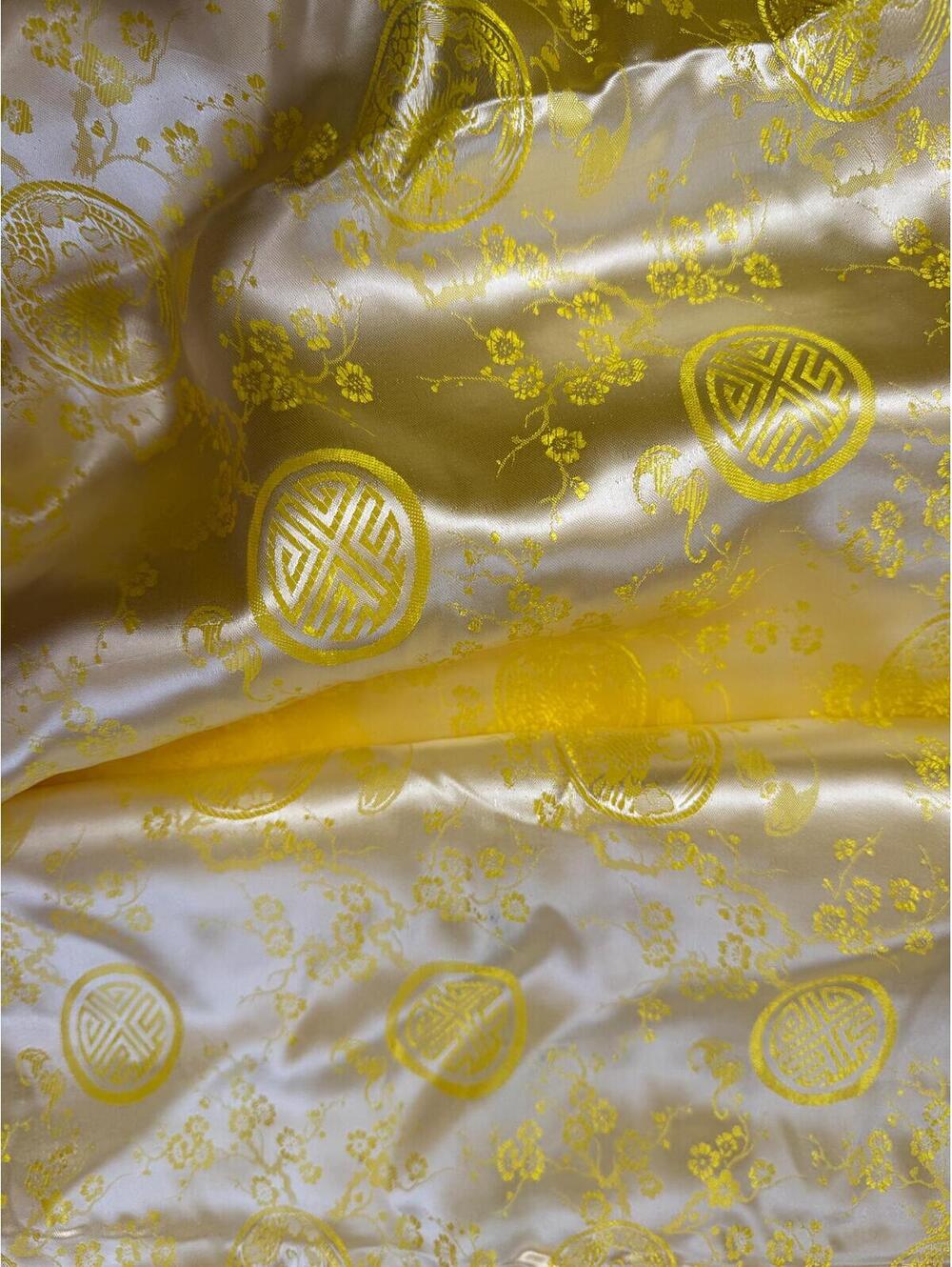 Vintage Yellow Satin Brocade Fabric: Asian Floral Pattern, 11 Yards